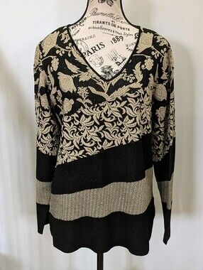 NYGARD COLLECTION | Women's Black/Gold Shimmer  Floral Long Sleeve Knit …